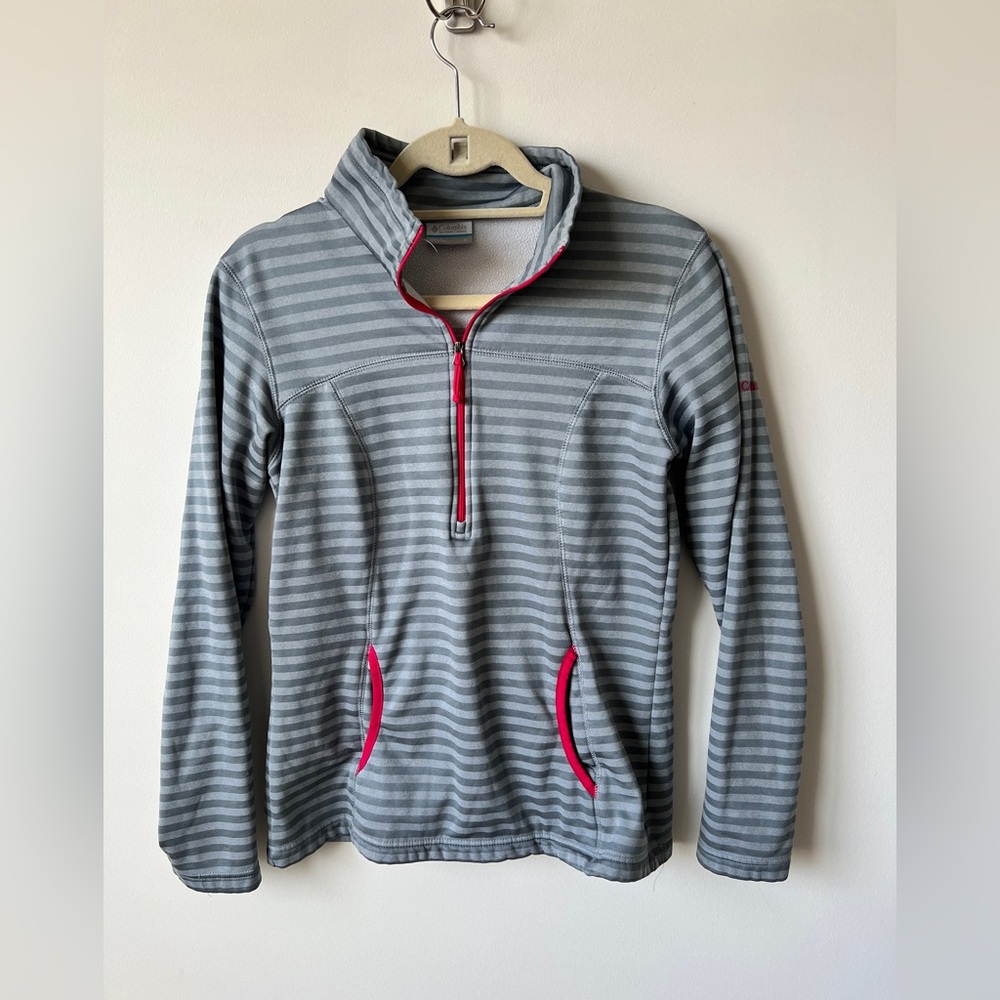 Columbia Women’s Striped Quarter Zip Fleece Pullover Gray Pink Trim Size Small